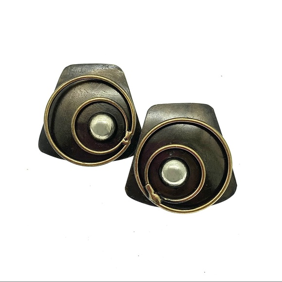 Modernist Geometric Trapezoid Earrings - Mixed Metals Textured Vintage Jewelry - Picture 6 of 12